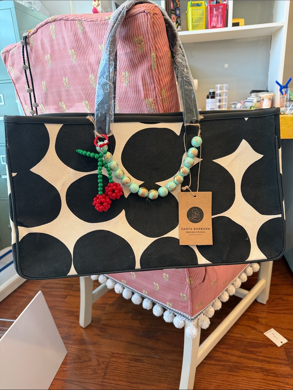 Santa Barbara Black & Cream Patterned Canvas Tote with Beaded Charm